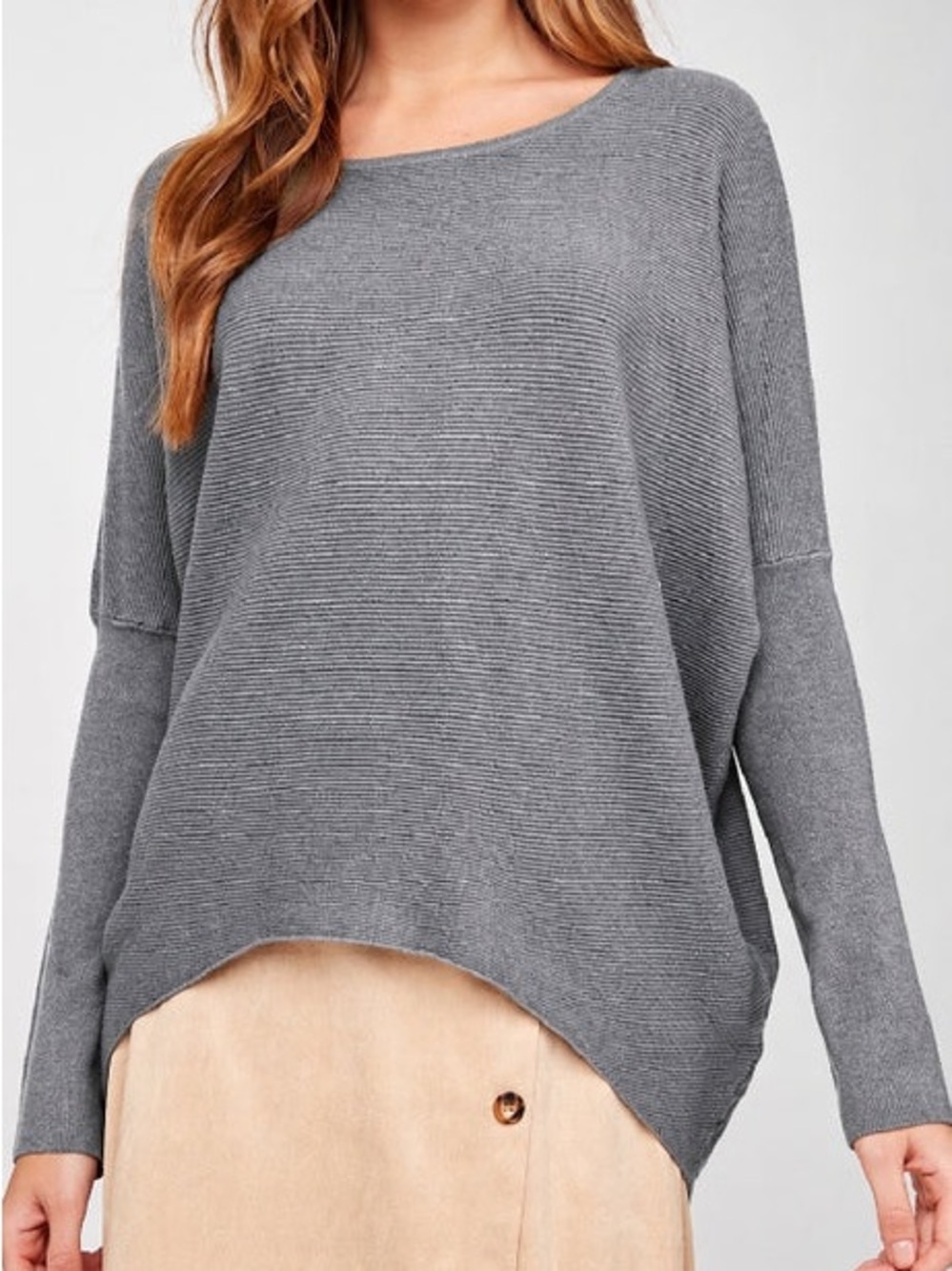 Grey Ribbed Boatneck Women's Sweater - Le Lis